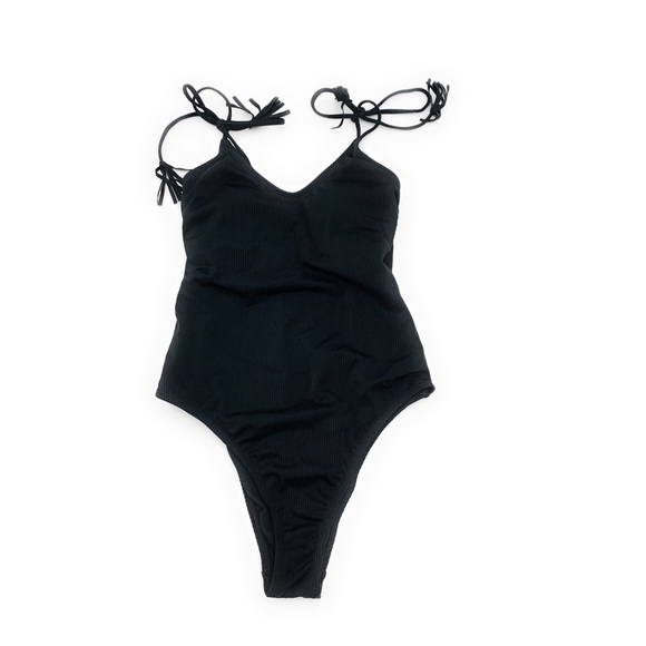 4/$25 Black Ribbed One Piece Shoulder Tie Swimsuit - Picture 2 of 6